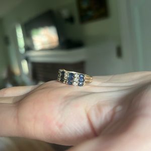 Exquisite Jewelers 14k Gold 3 Row Blue Sapphire & Diamond Ring